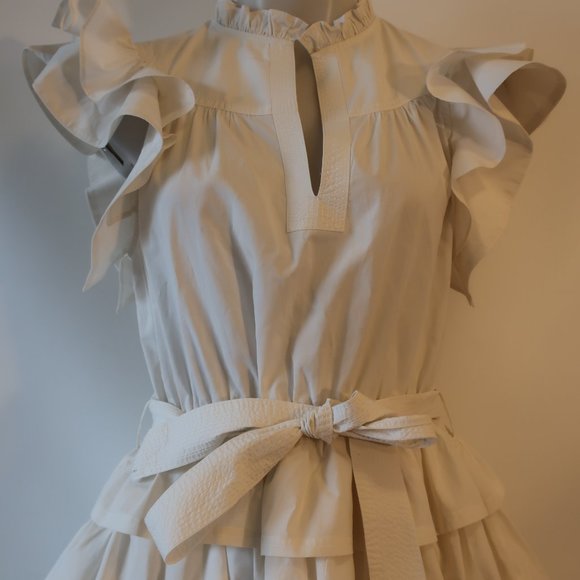 Womens Ulla Johnson Honoria White Ruffle Tiered Mini Split Neck Belted Dress 10* - Picture 4 of 16